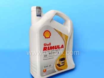 4L container of Shell Rimula R1 SAE-50 motor oil for commercial and industrial engines, sold on Partex.