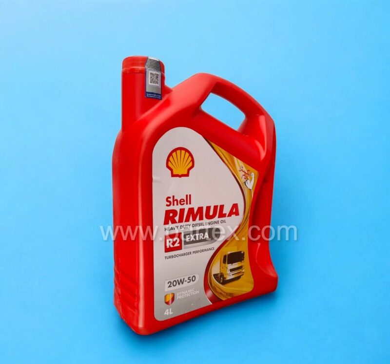 4L container of Shell Rimula R2 20W-50 diesel engine oil for multi-temperature use, sold on Partex.