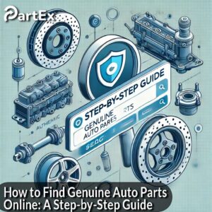 Person searching for genuine auto parts online on a laptop, surrounded by car parts and tools.