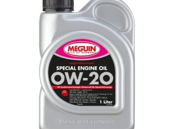 A 1L bottle of Meguin Special Engine Oil SAE 0W-20, designed for fuel-efficient and high-performance engines.