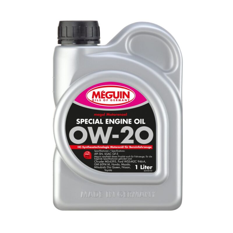 A 1L bottle of Meguin Special Engine Oil SAE 0W-20, designed for fuel-efficient and high-performance engines.